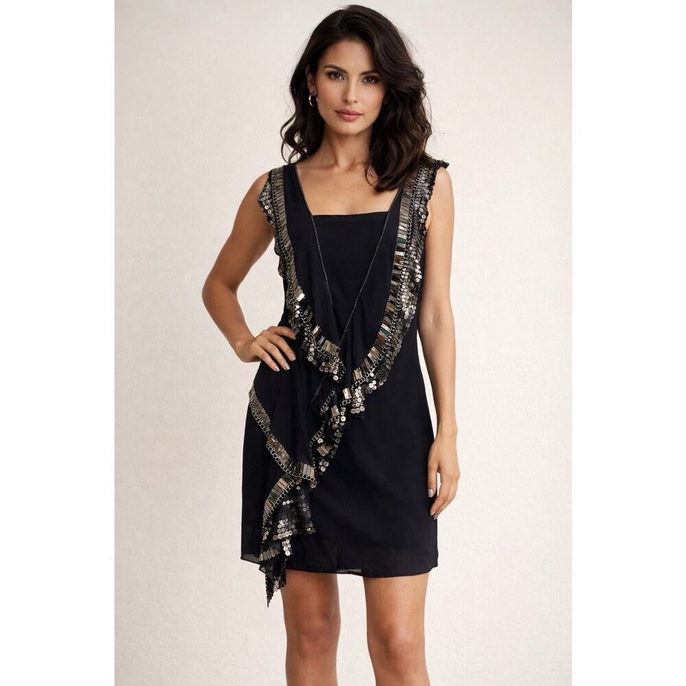 KAREN MILLEN Silk Beaded Sequin Mini Dress Asymmetric Party Formal Red Carpet 8